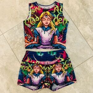 Alice in Wonderland Waz Shop Crop Top & Short Set Size Small Melty Alice Trippy